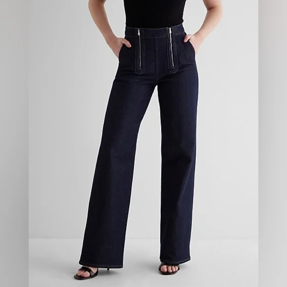 Express High Waisted Rinse Exposed Double Zipper Wide Leg Jeans - Picture 3 of 10